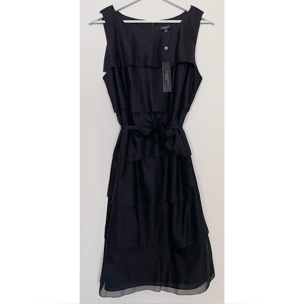Talbots • 10 • Black Sleeveless Tiered Dress with Floral Belt